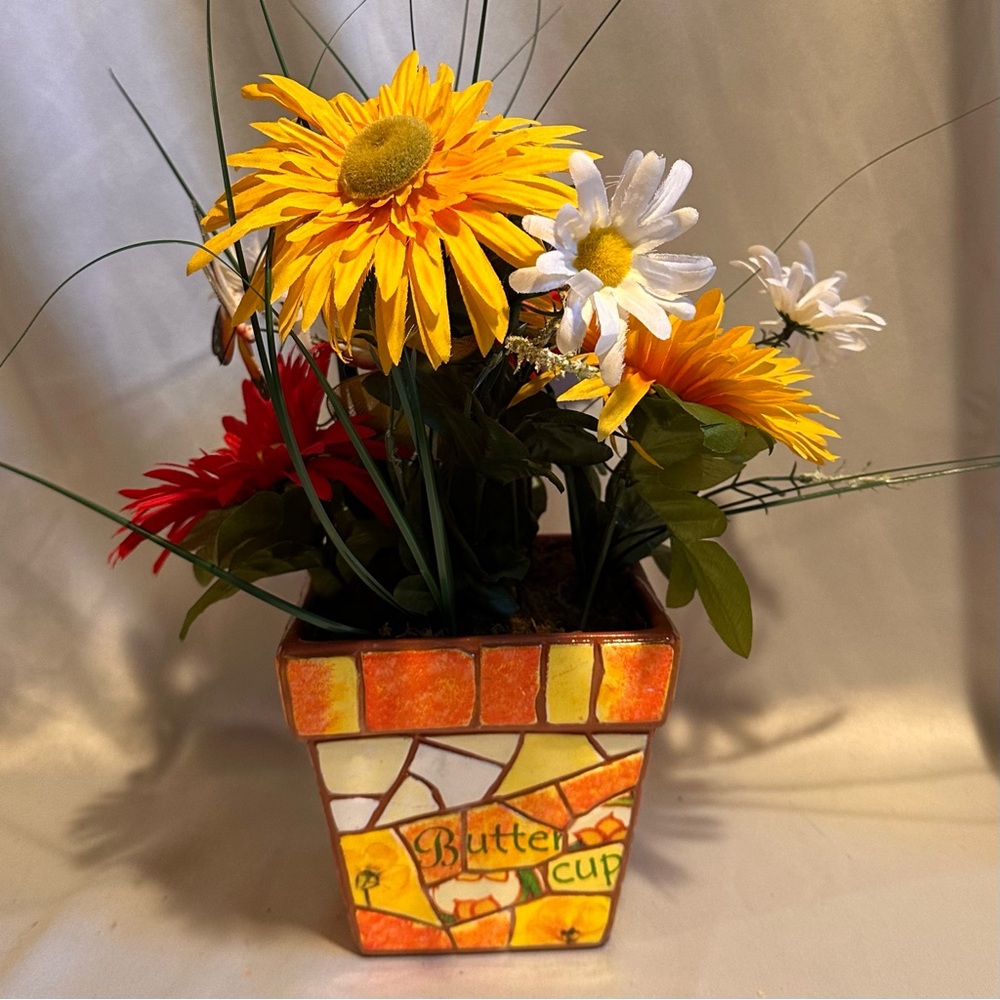 Daisy Floral Arrangement in Mosaic Ceramic Pot Yellow Orange Red